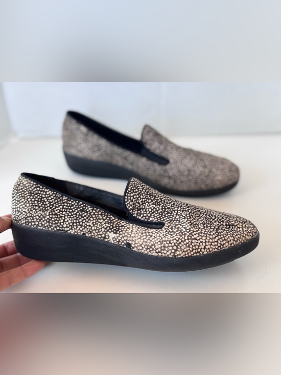 Fitflop Shoes - FitFlop Black Dotted Fur Leather Slip On Comfort Loafer Wedge Women's Shoes 38.5